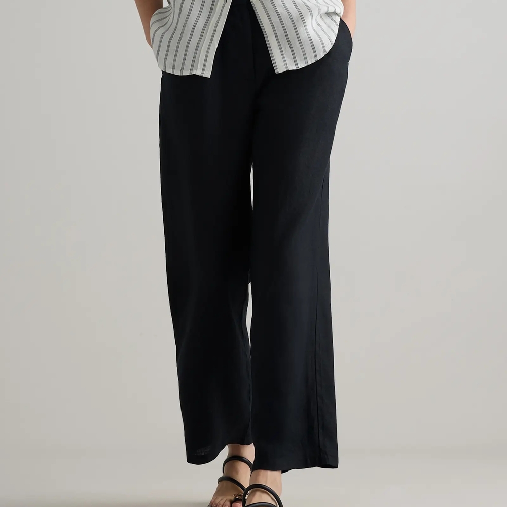 Quince 100% European Linen Pleated Straight Leg Trousers, Black